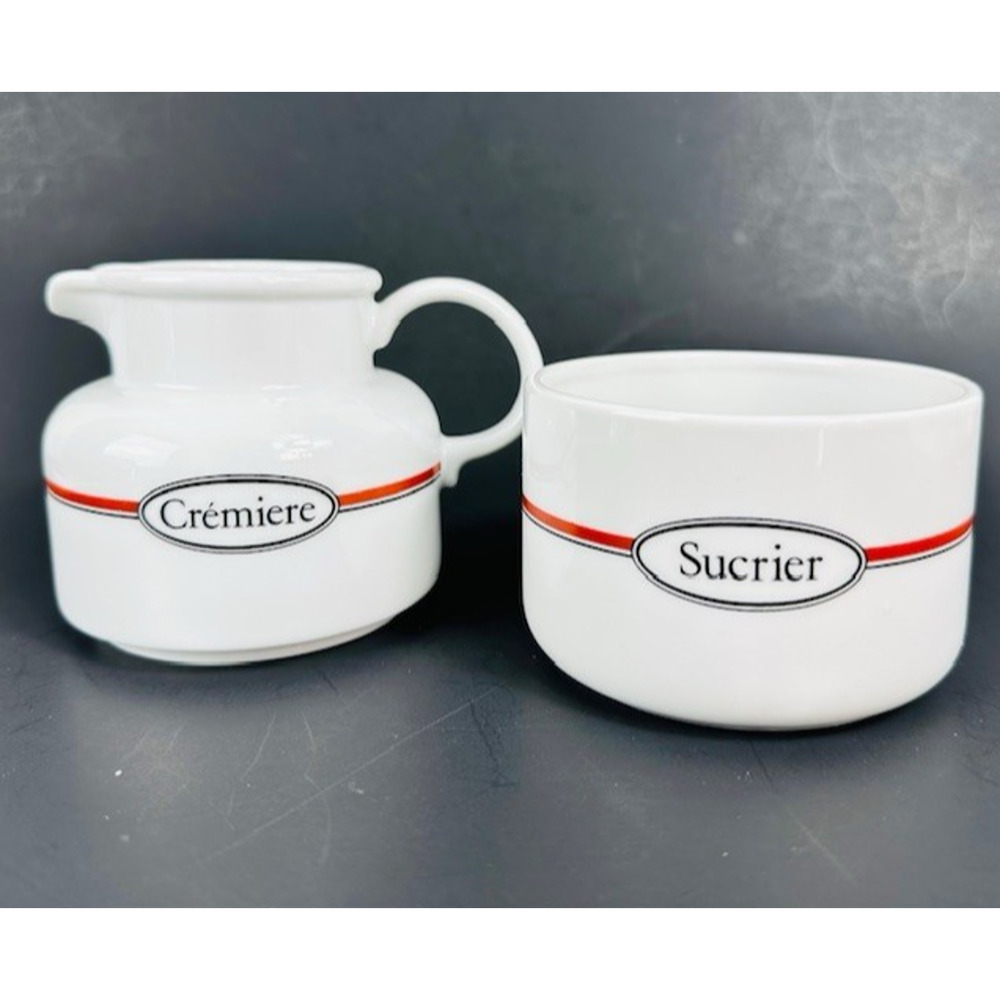 Toscany Collection Bon Appetit Creamer & Sugar Bowl Set Red Band Black Pinstripe